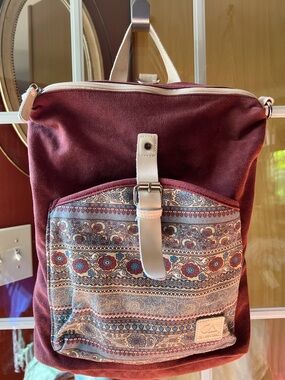Burgundy Canvas Backpack with Patterned Front Pocket